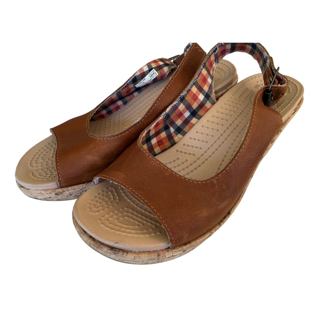 Crocs Leigh Wedge‎ Sandals Women Size 6 Brown Leather Plaid Boho Cottagecore